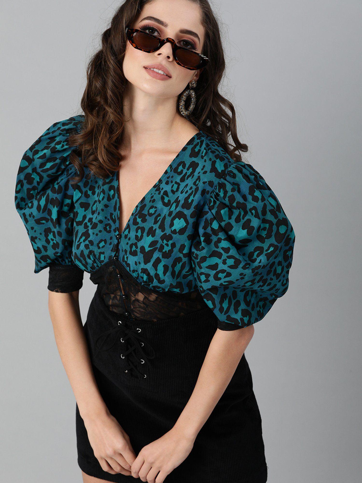 blue black animal printed puff sleeves regular crop top