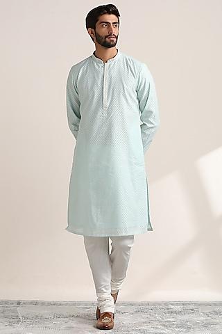 blue blended cotton embroidered kurta set