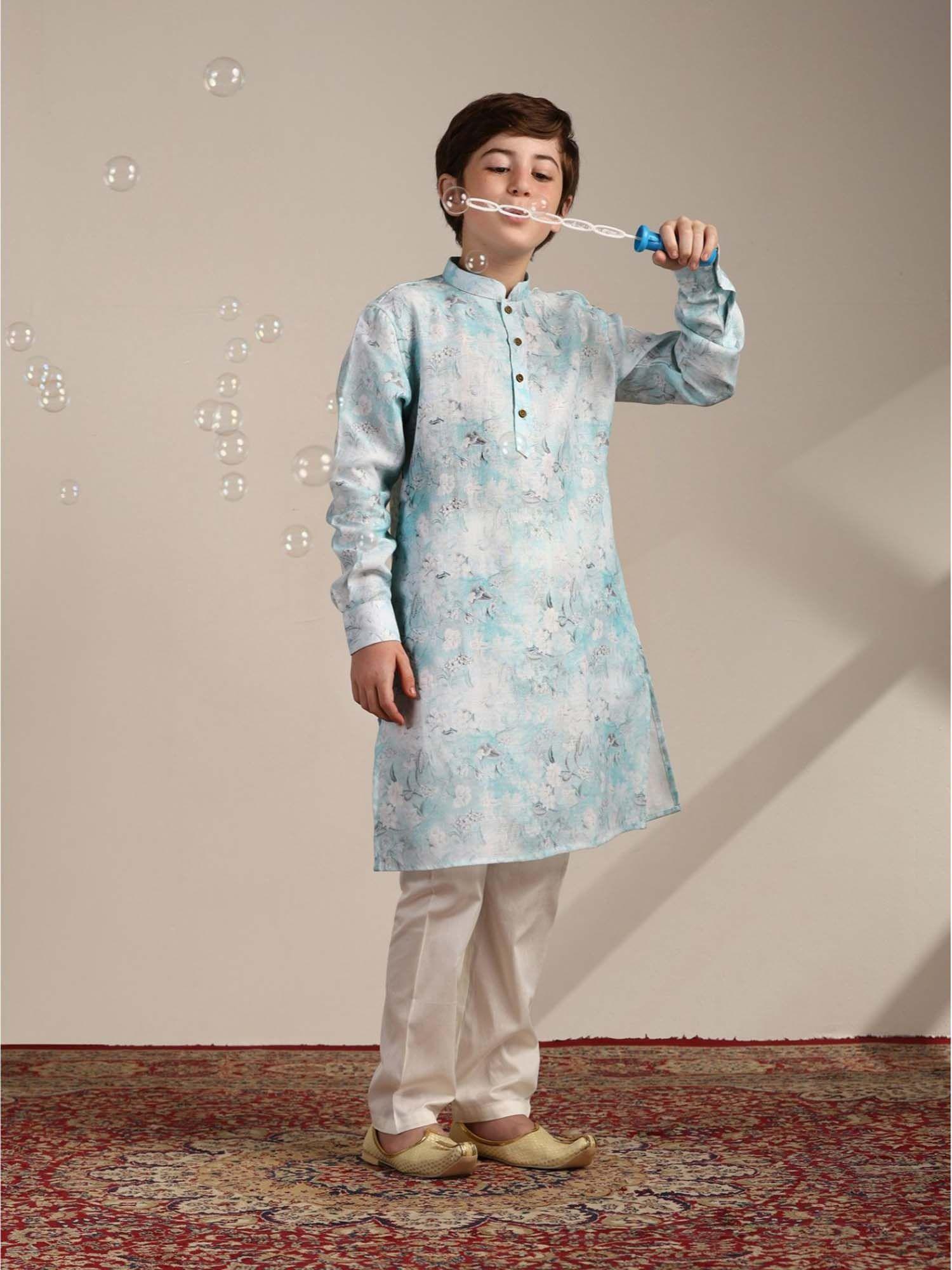 blue blended cotton printed mandarin collar kurta pyjama (set of 2)