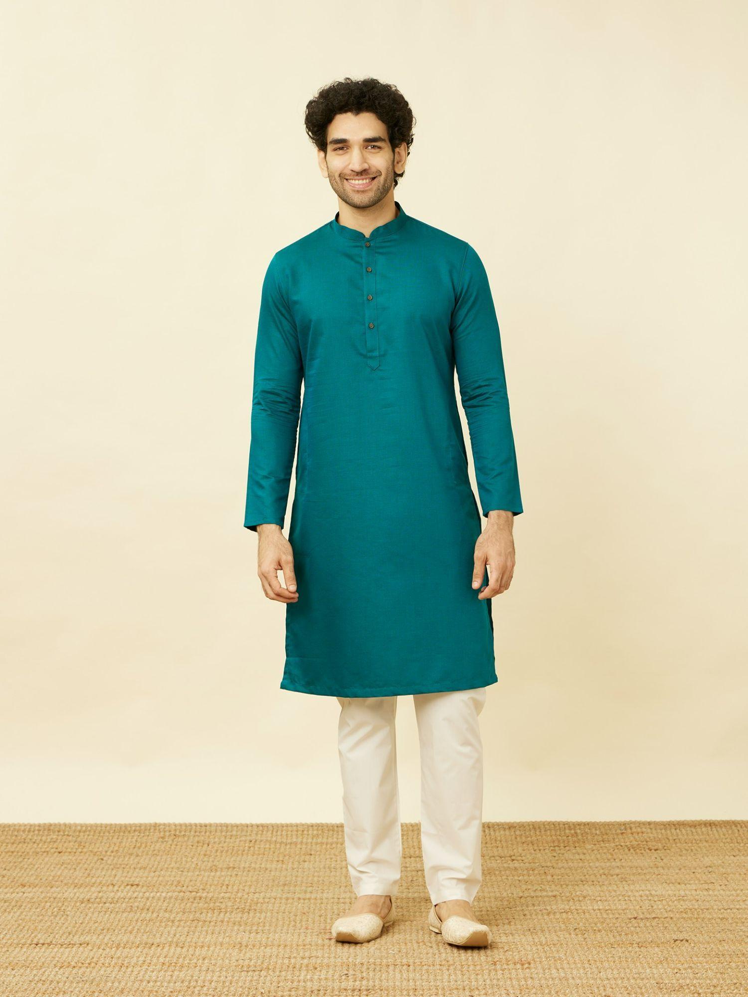 blue blended cotton solid traditional kurta only