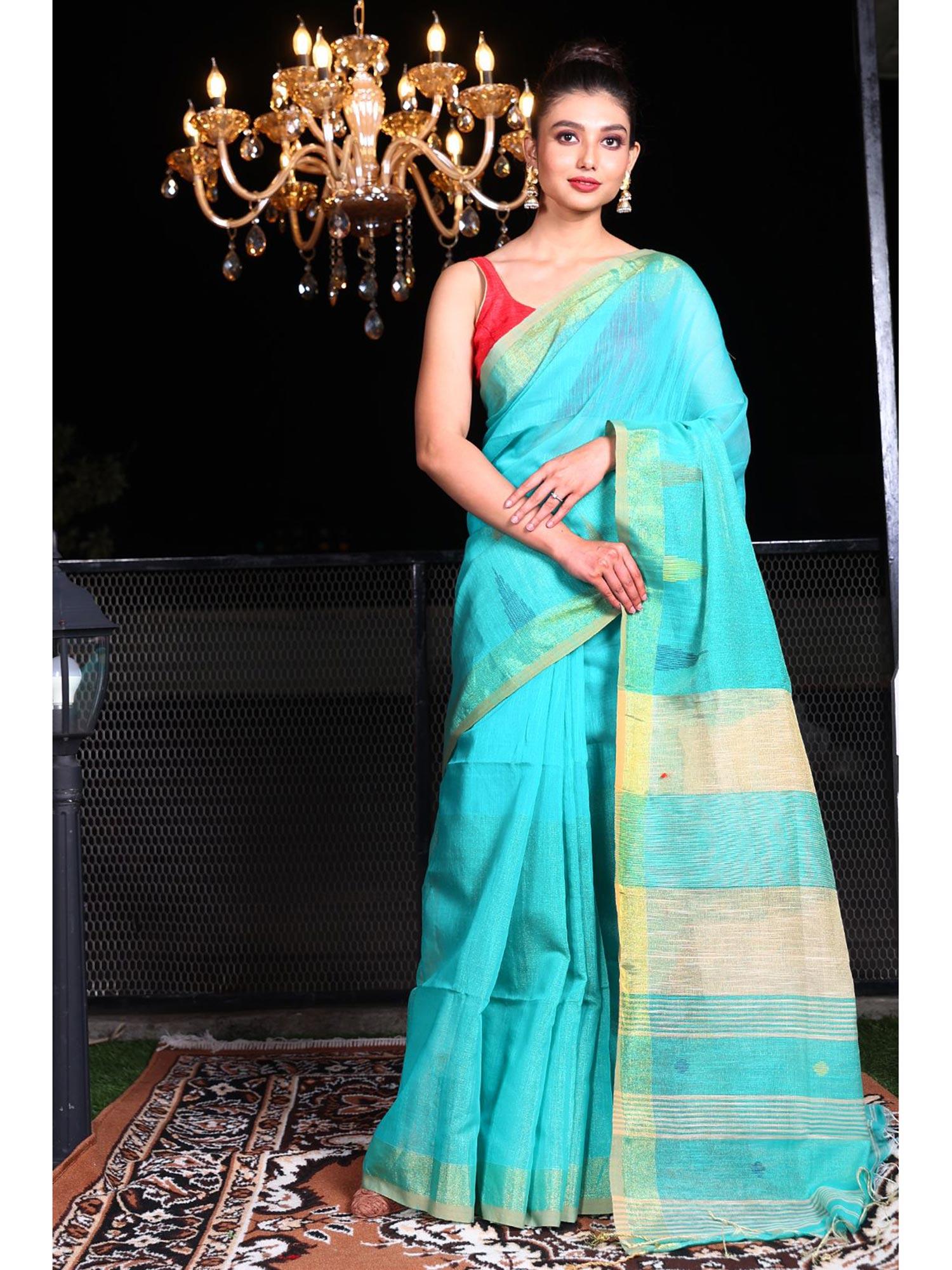 blue blended cotton textured design handwoven saree with unstitched blouse