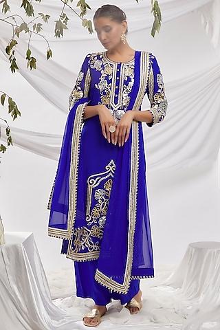blue blended georgette embroidered kurta set