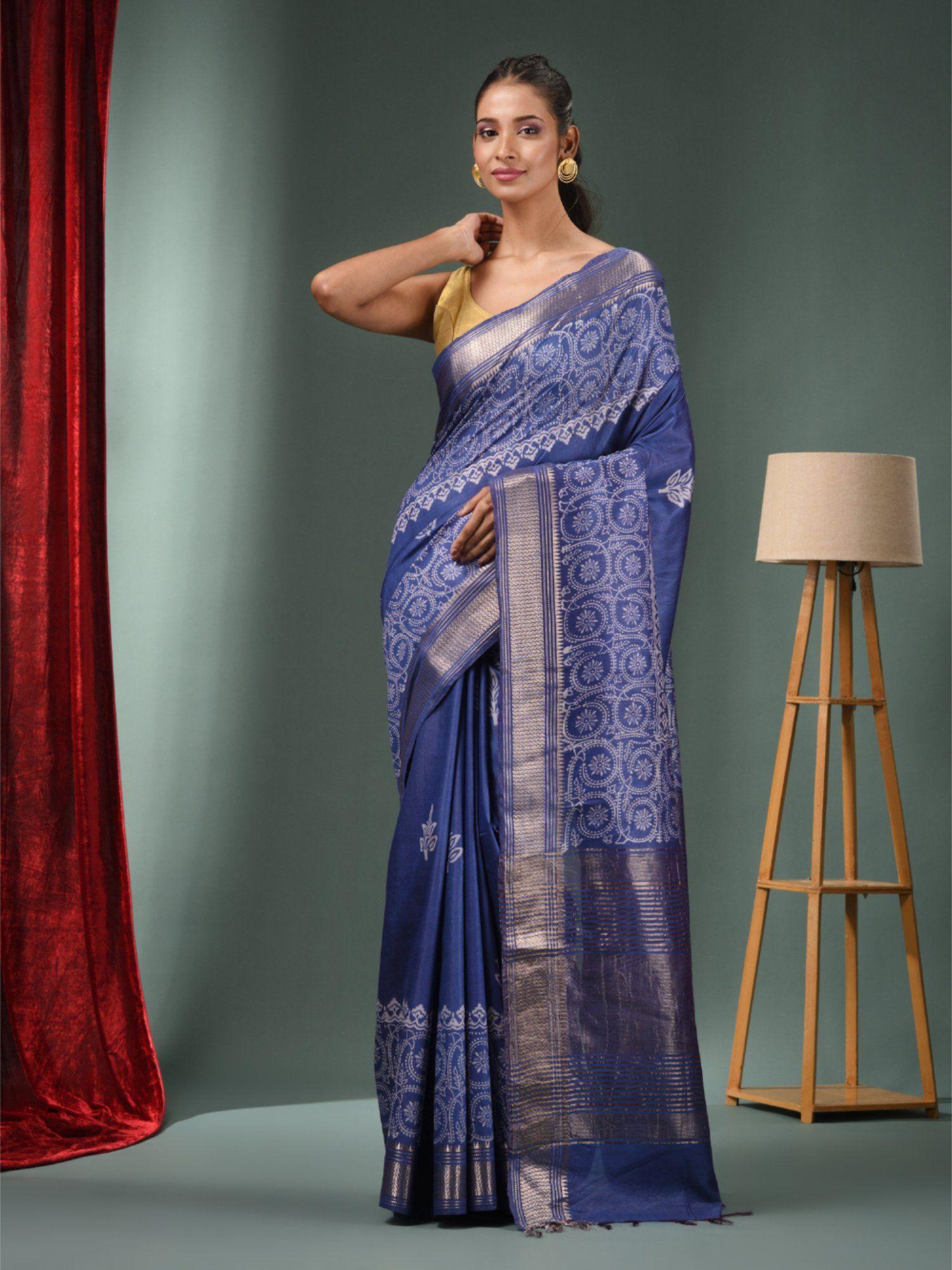 blue blended silk handwoven saree with woven zari border & unstitched blouse