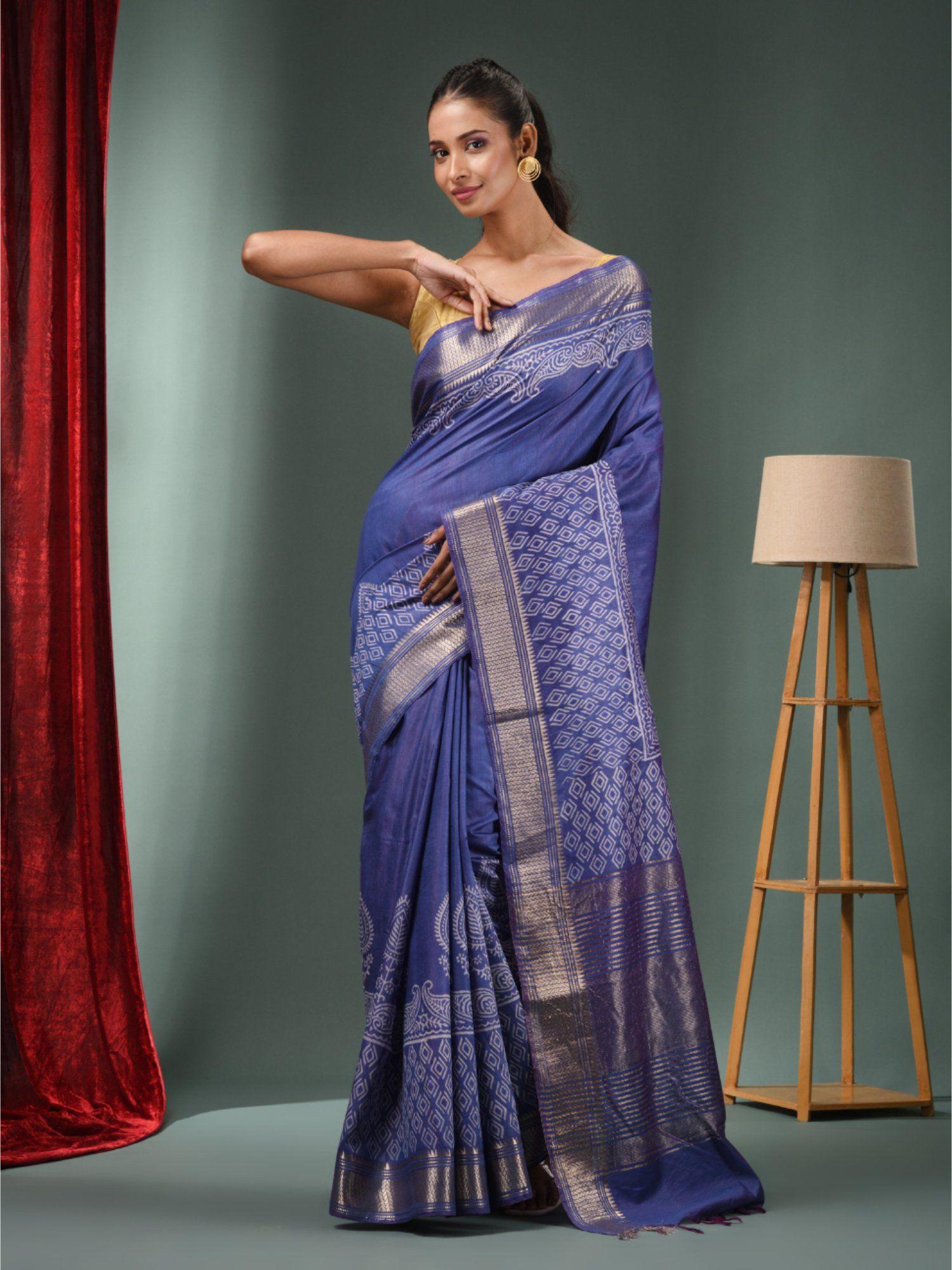 blue blended silk handwoven saree with zari border & unstitched blouse