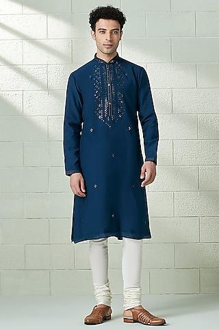 blue blended viscose embroidered kurta set