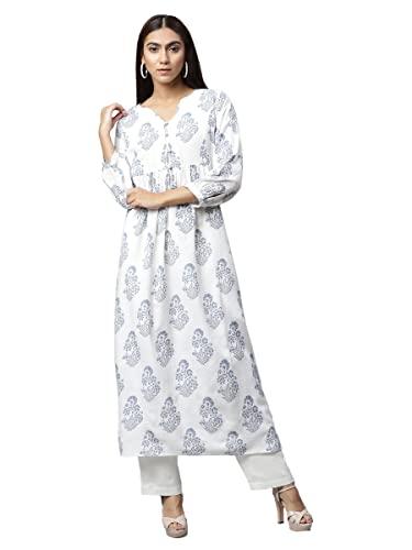 blue block print premium linen kurta (size: 2xl)-lcwess22lkfbue0129