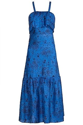 blue block printed cocktail dress