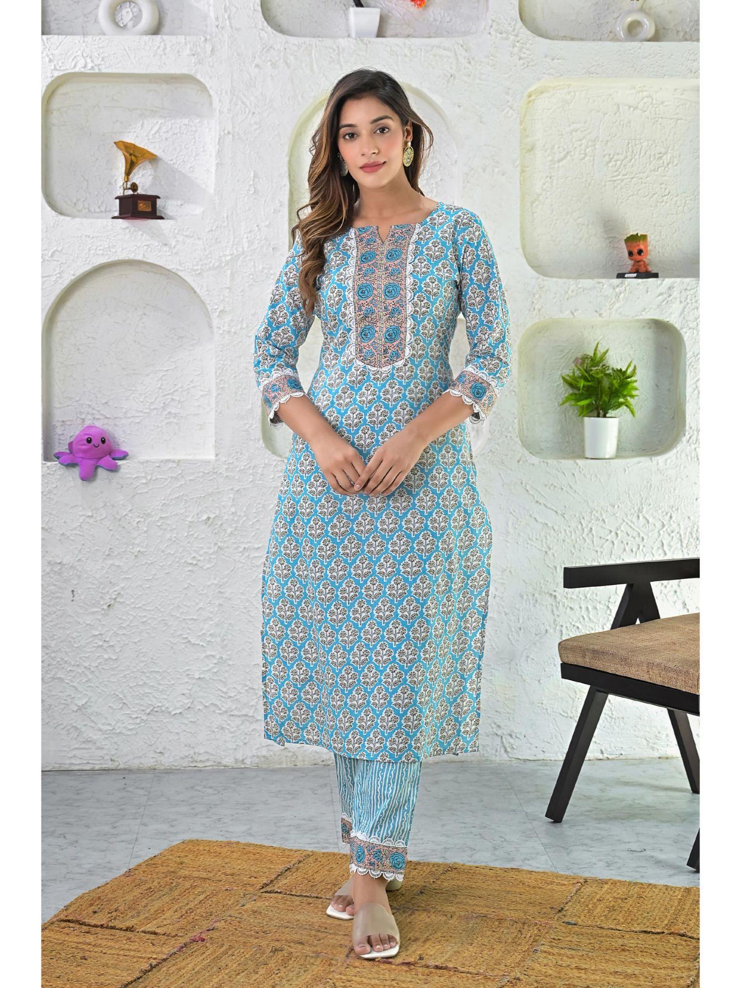 blue block printed cotton kurta & pant (set of 2)