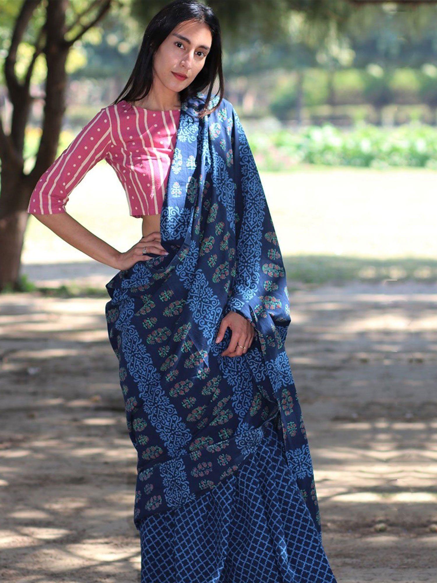 blue block printed cotton mul saree with unstitched blouse