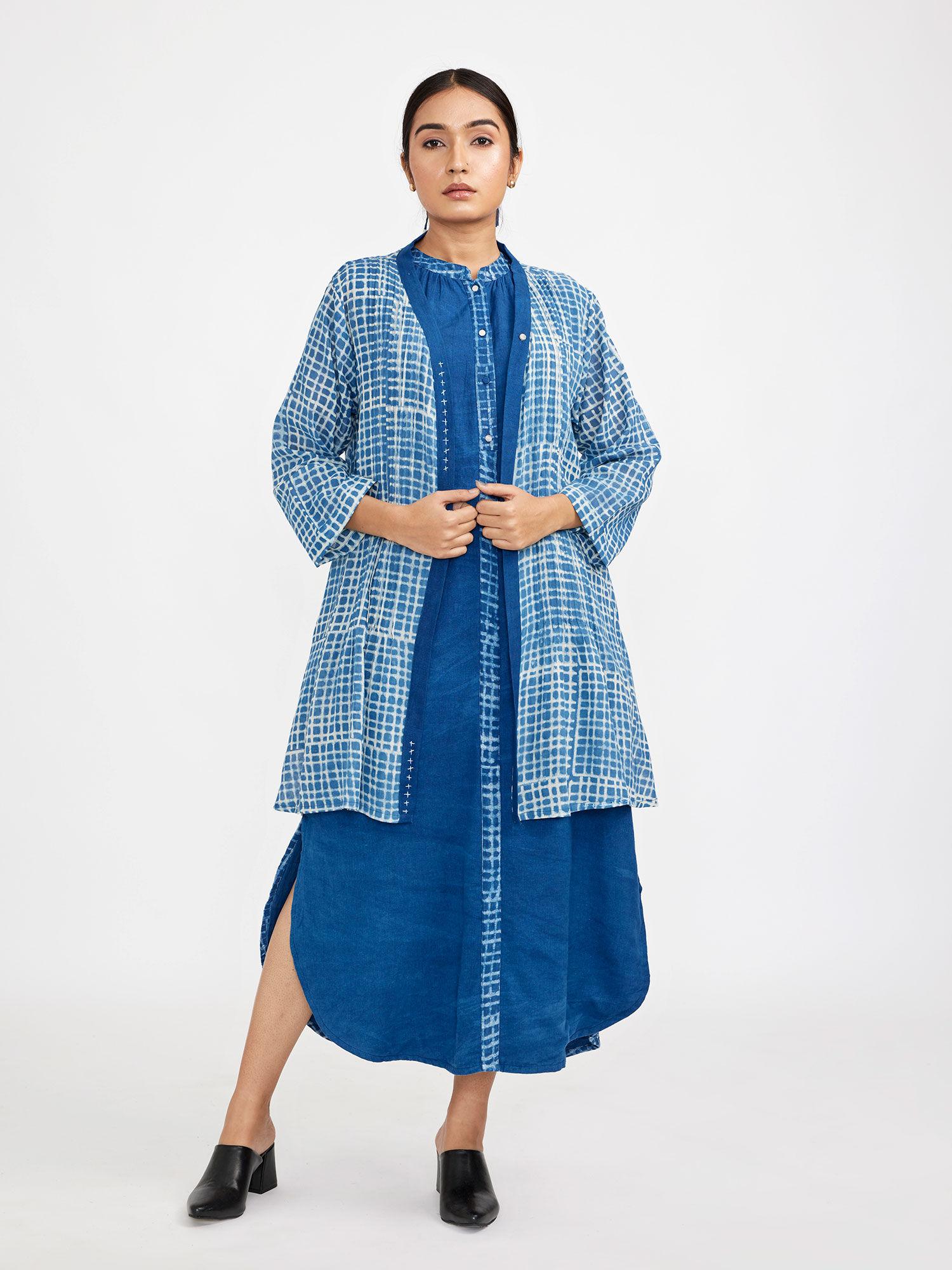 blue block printed dress (set of 2)