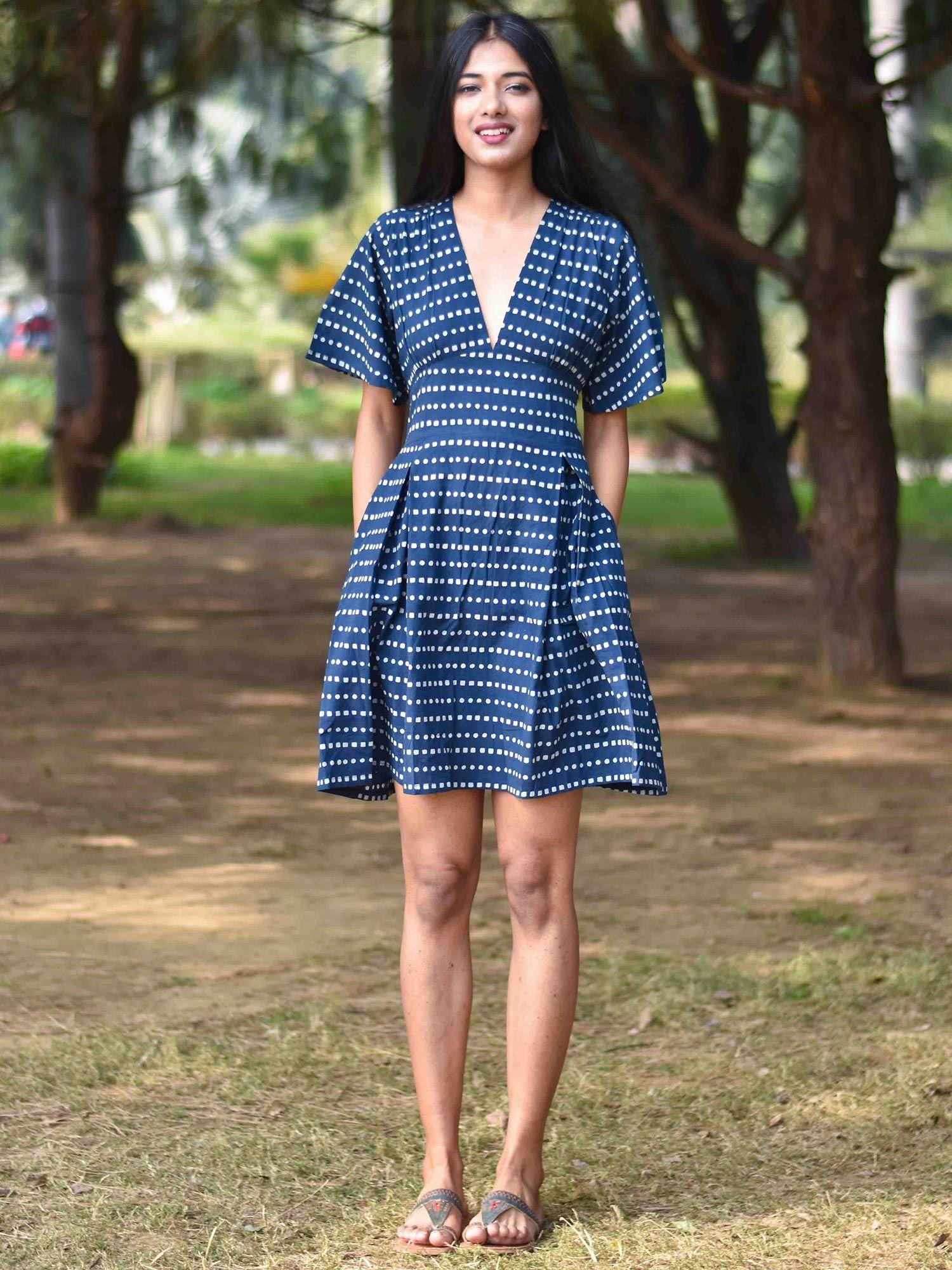 blue block printed dress - nupur