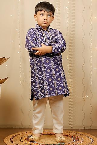 blue block printed kurta set for boys