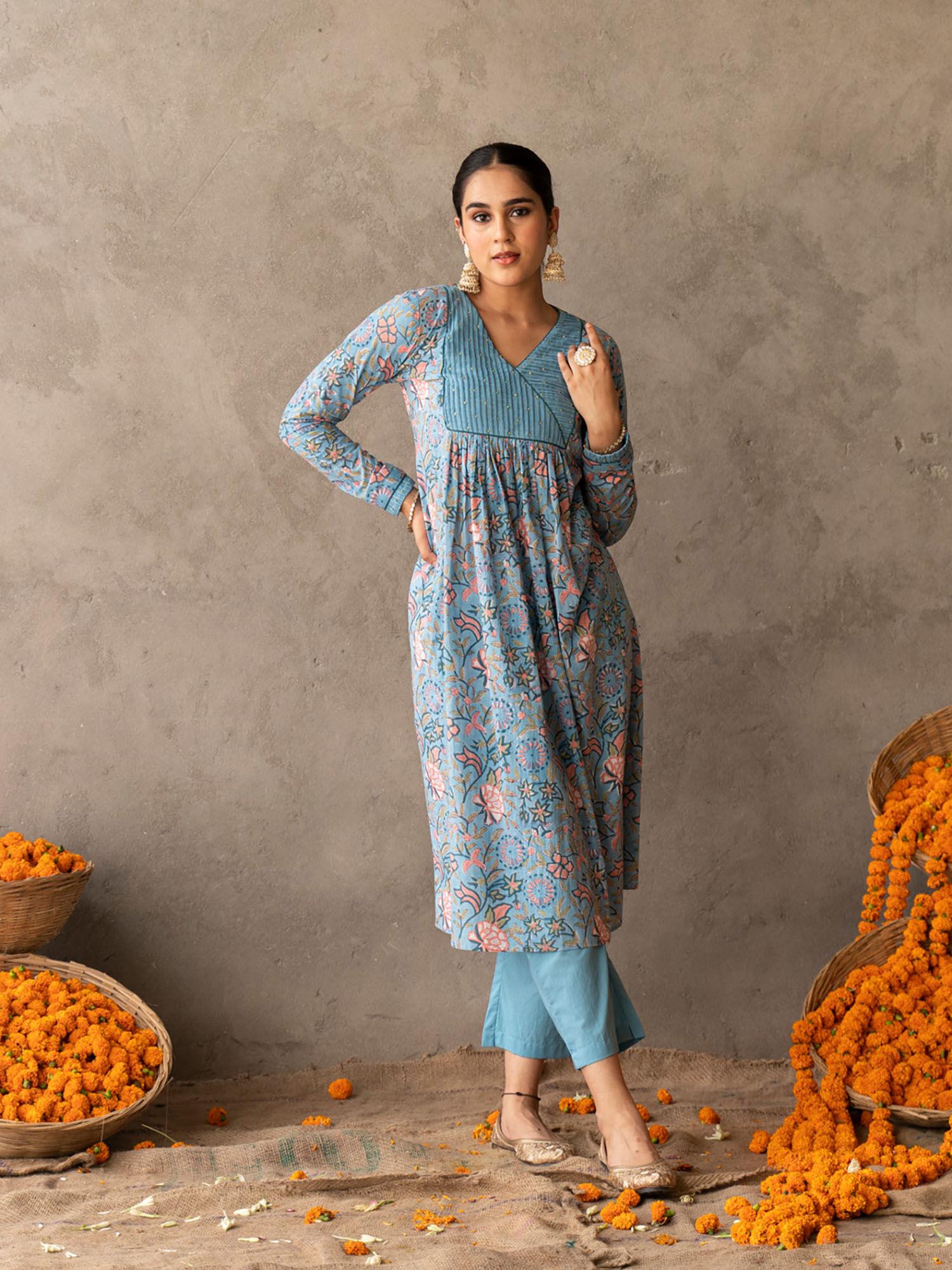 blue block printed with yoke & sleeve detailed a line kurta