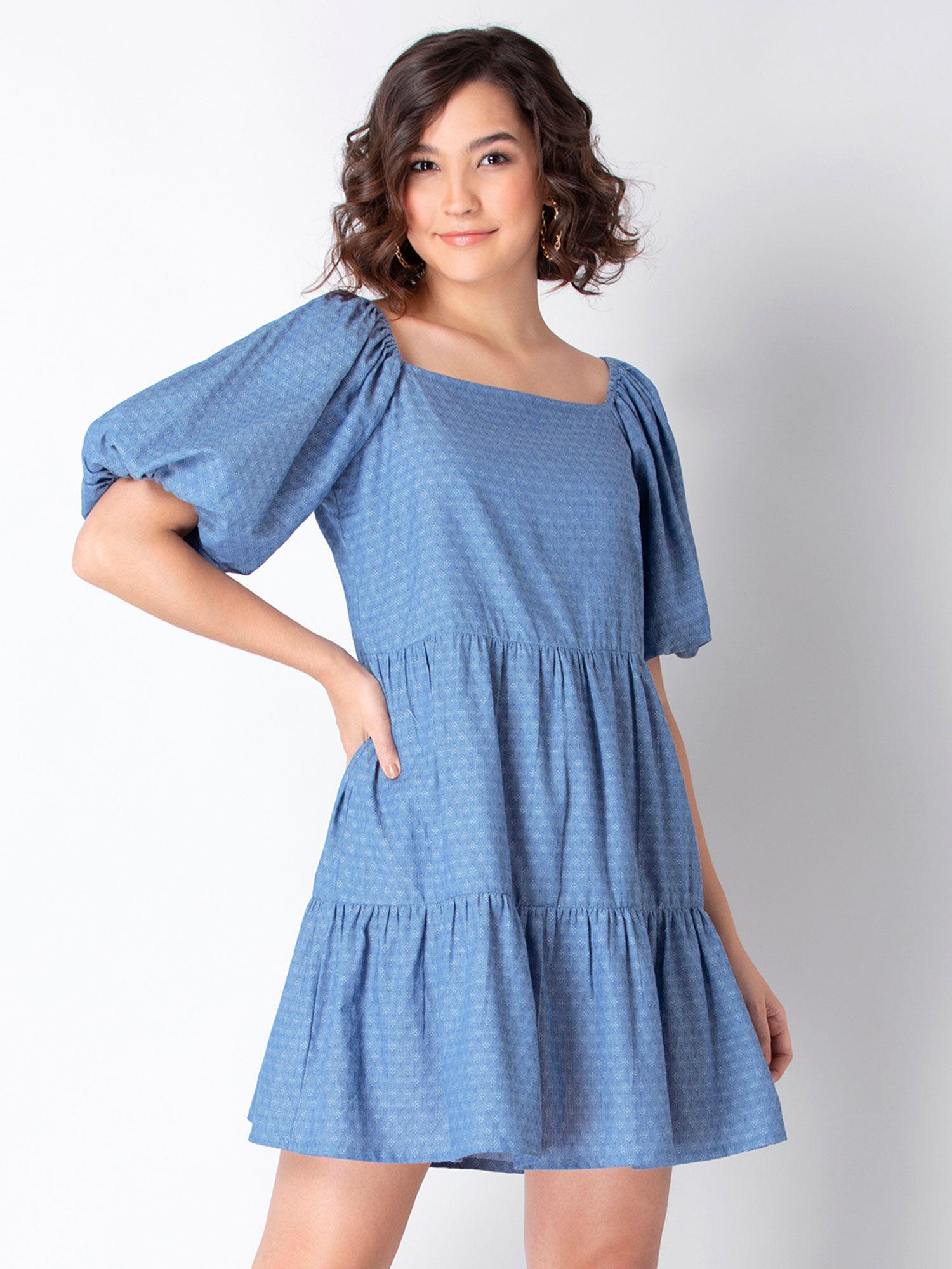 blue blouson sleeve tiered dress