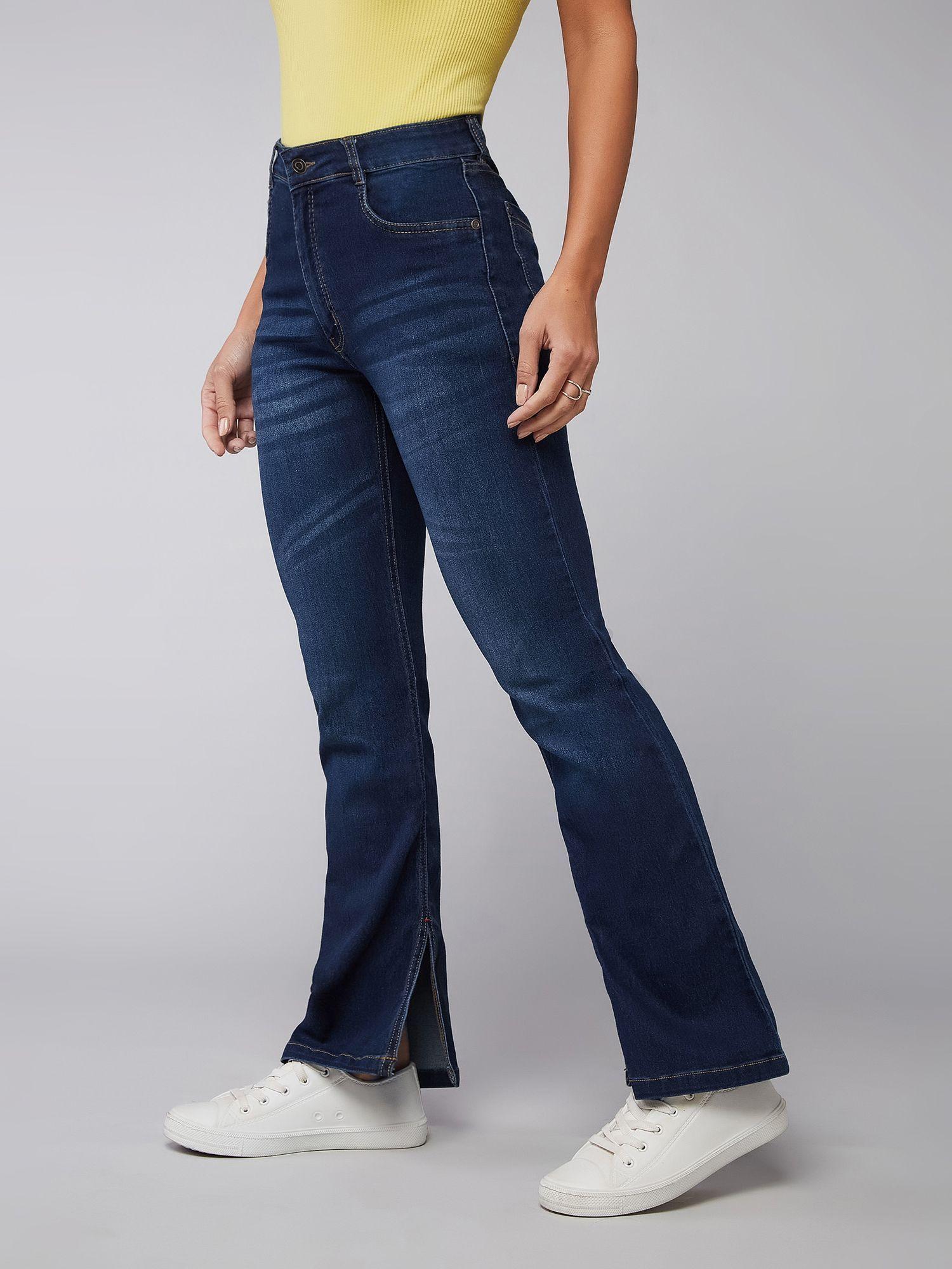 blue bootcut mid rise regular length denim stretchable jeans