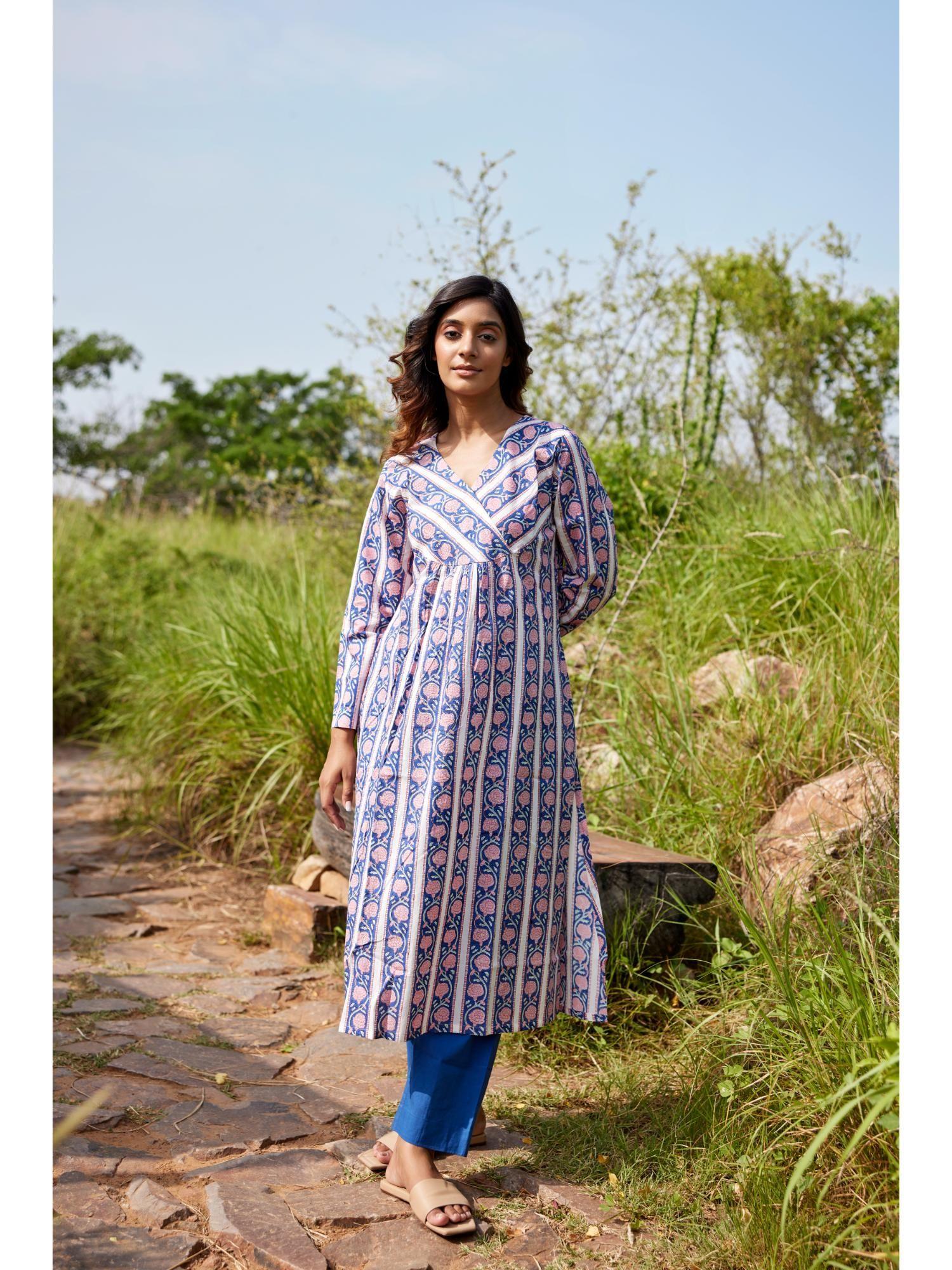 blue border floral block print kurta