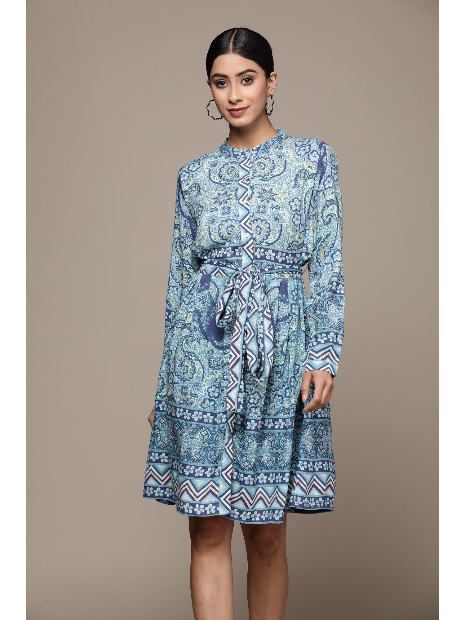 blue botanic print knee length dress