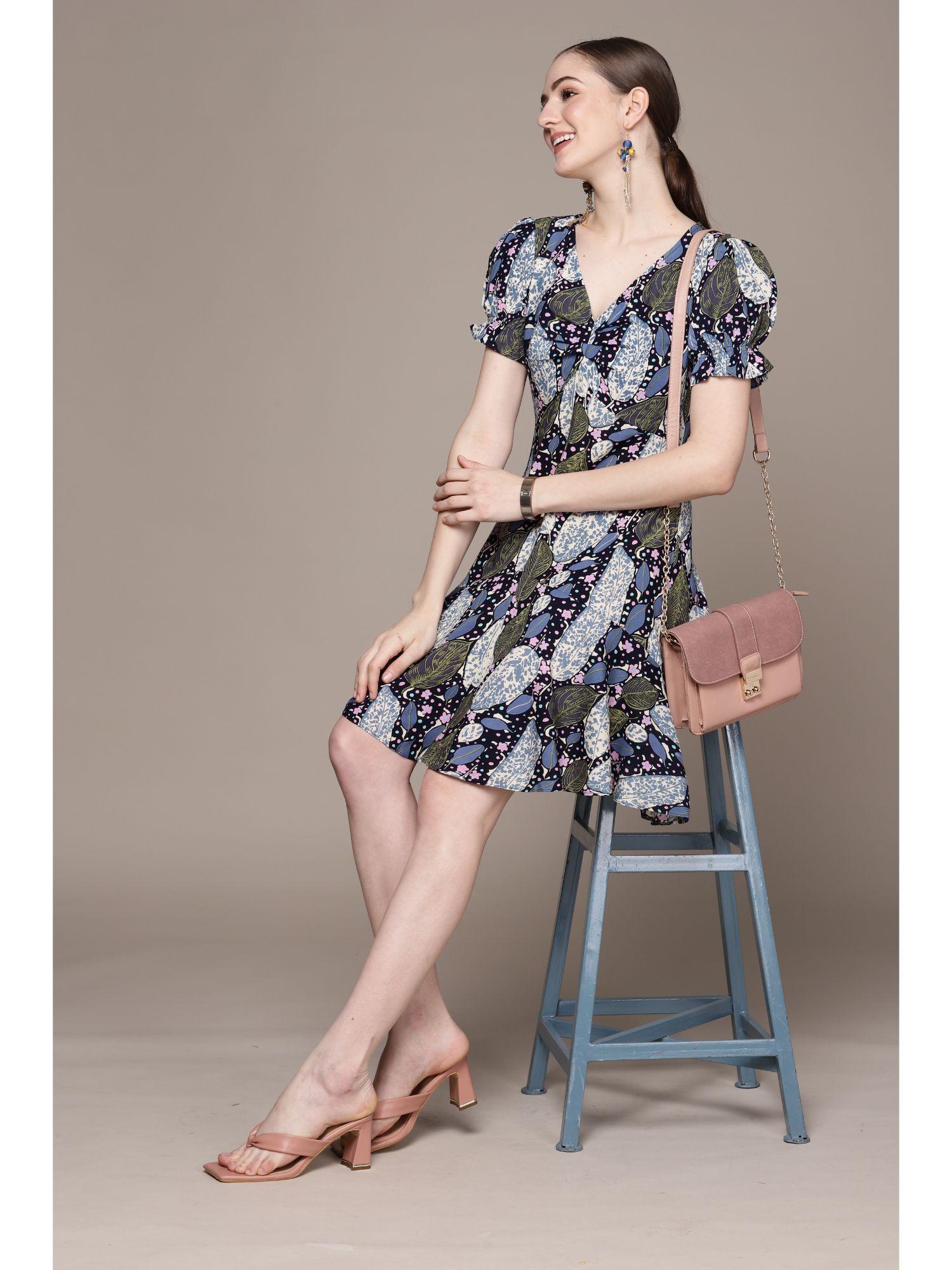 blue botanic print knee length dress