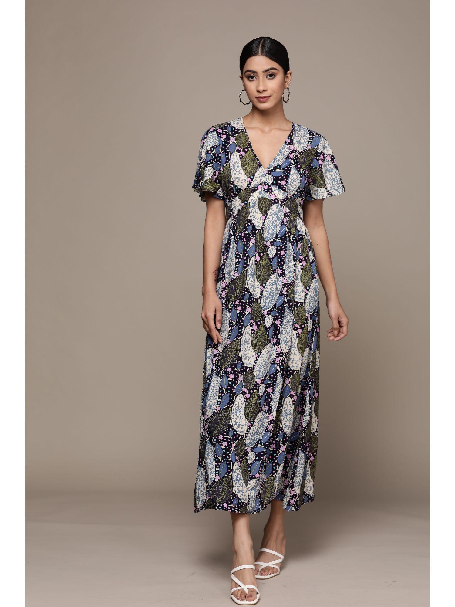 blue botanic print maxi dress