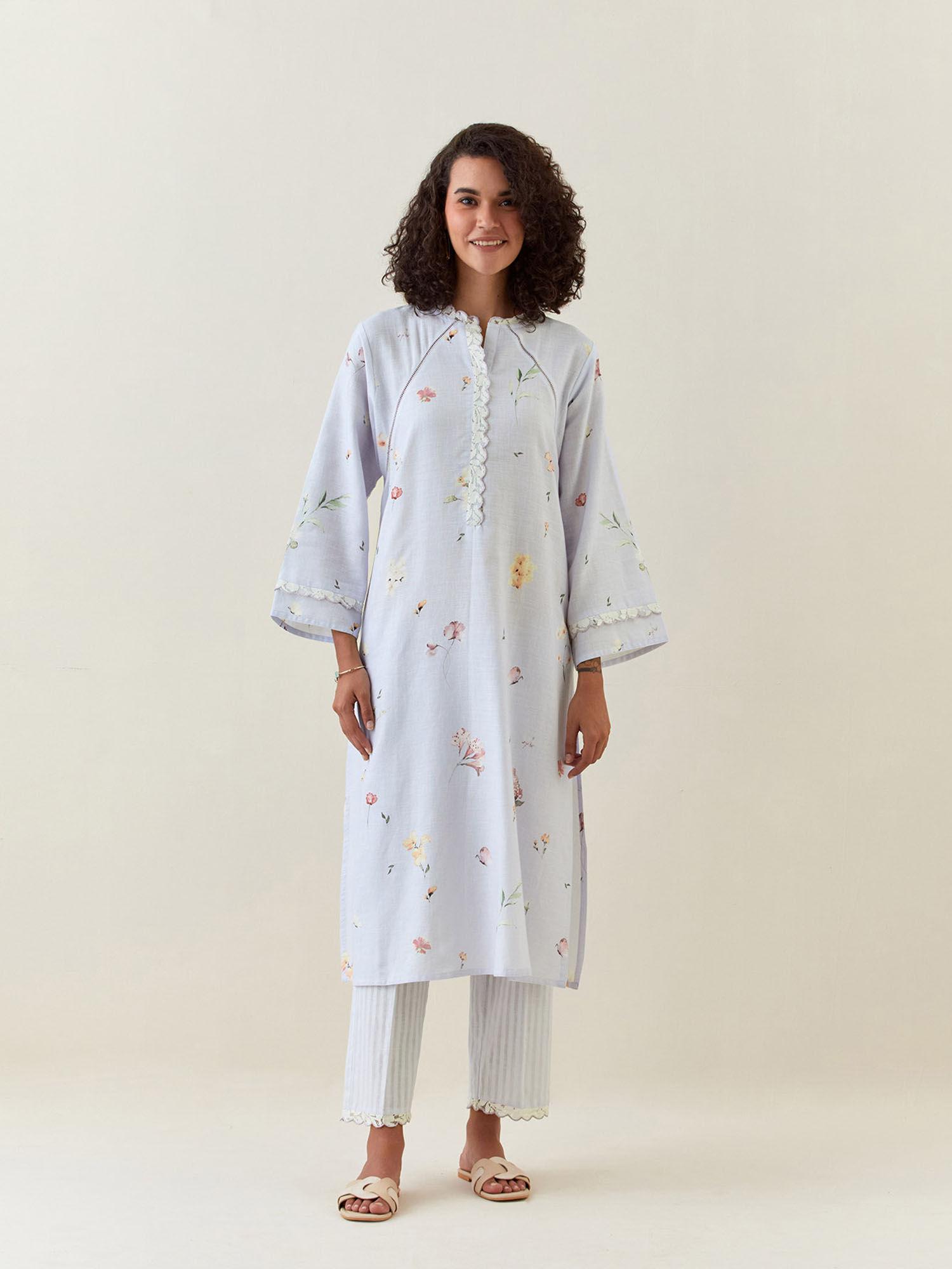 blue botanical print cotton linen kurta with net placket