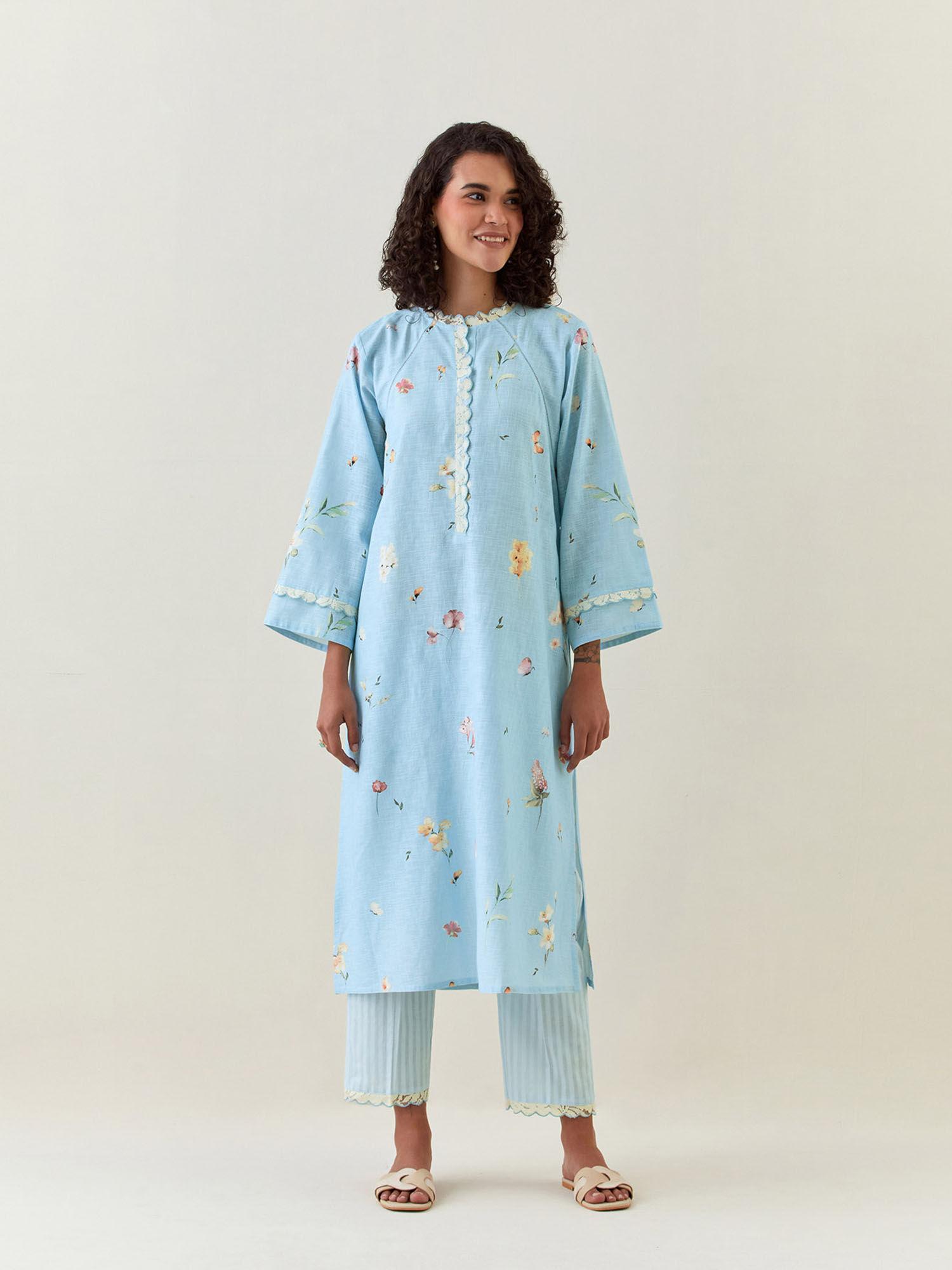 blue botanical print cotton linen kurta with net placket