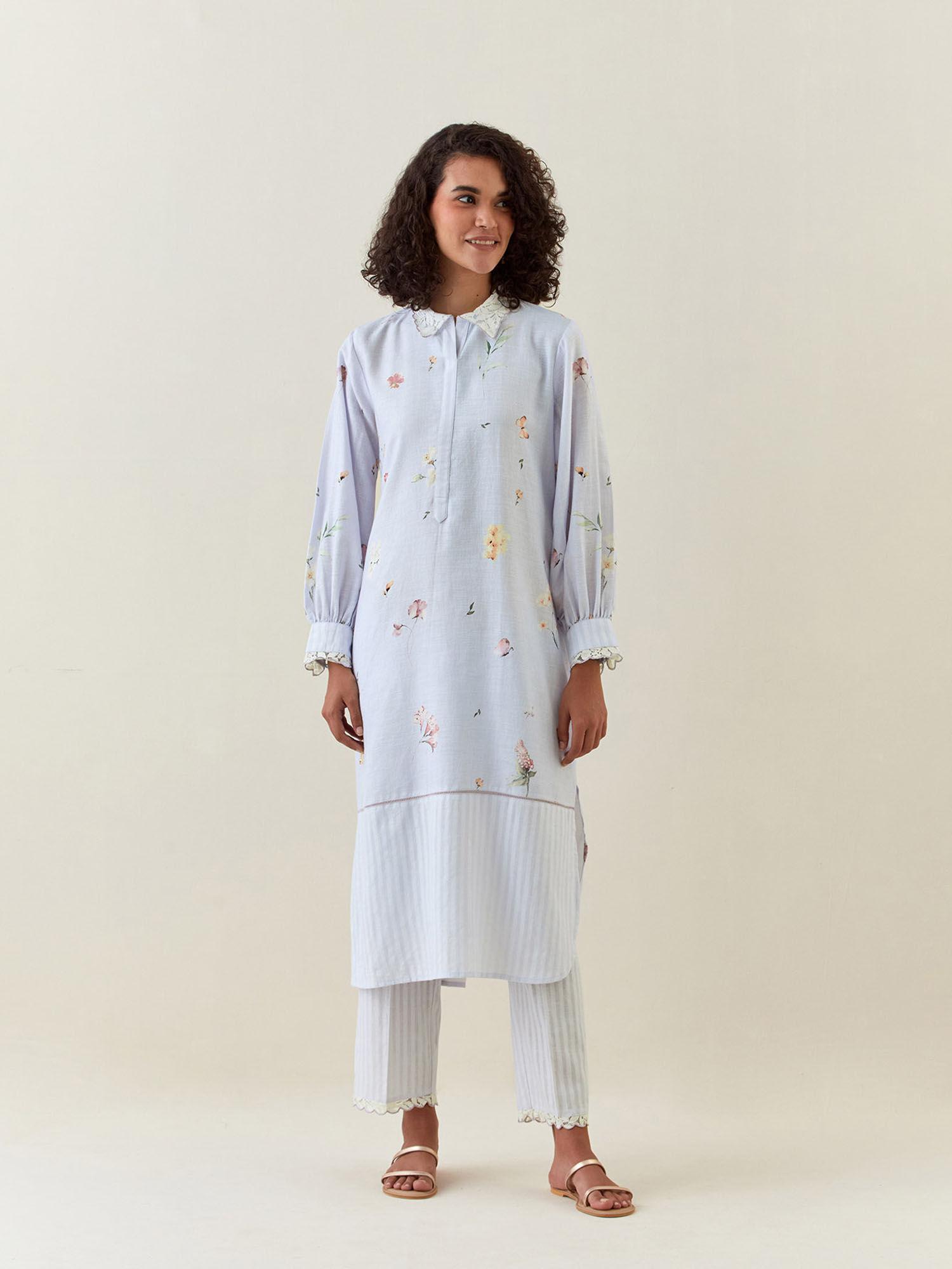 blue botanical print cotton linen kurta with scalloped net collar