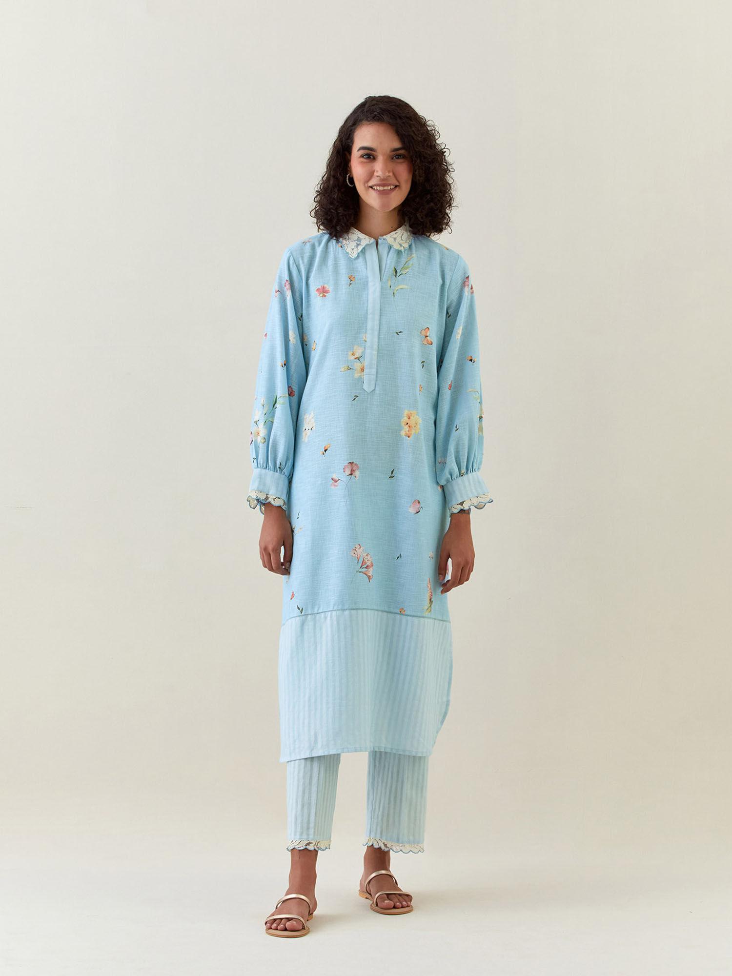 blue botanical print cotton linen kurta with scalloped net collar