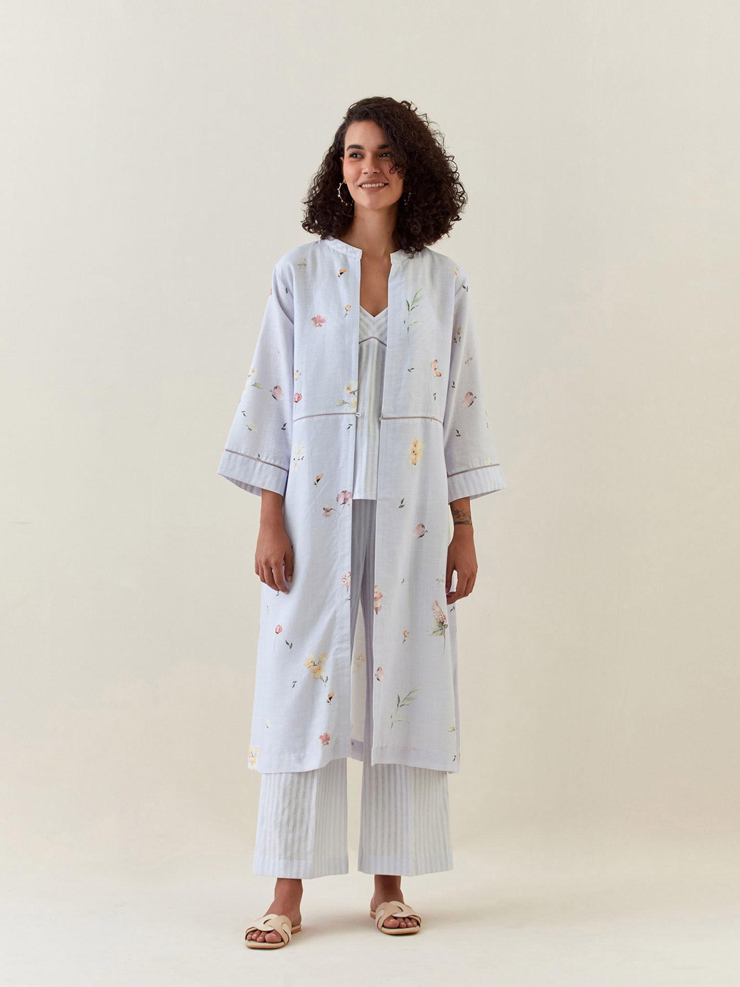 blue botanical print front open cotton linen jacket