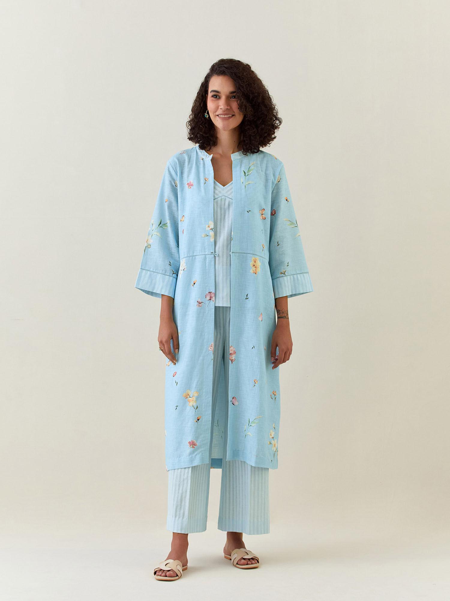 blue botanical print front open cotton linen jacket