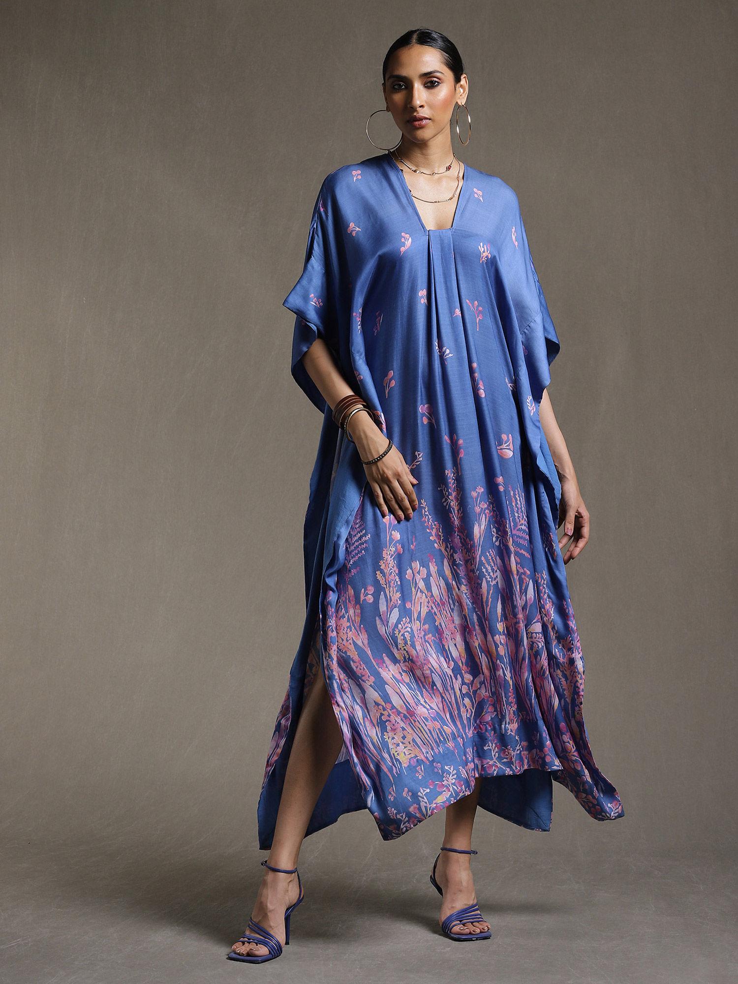 blue botanical print kaftan dress