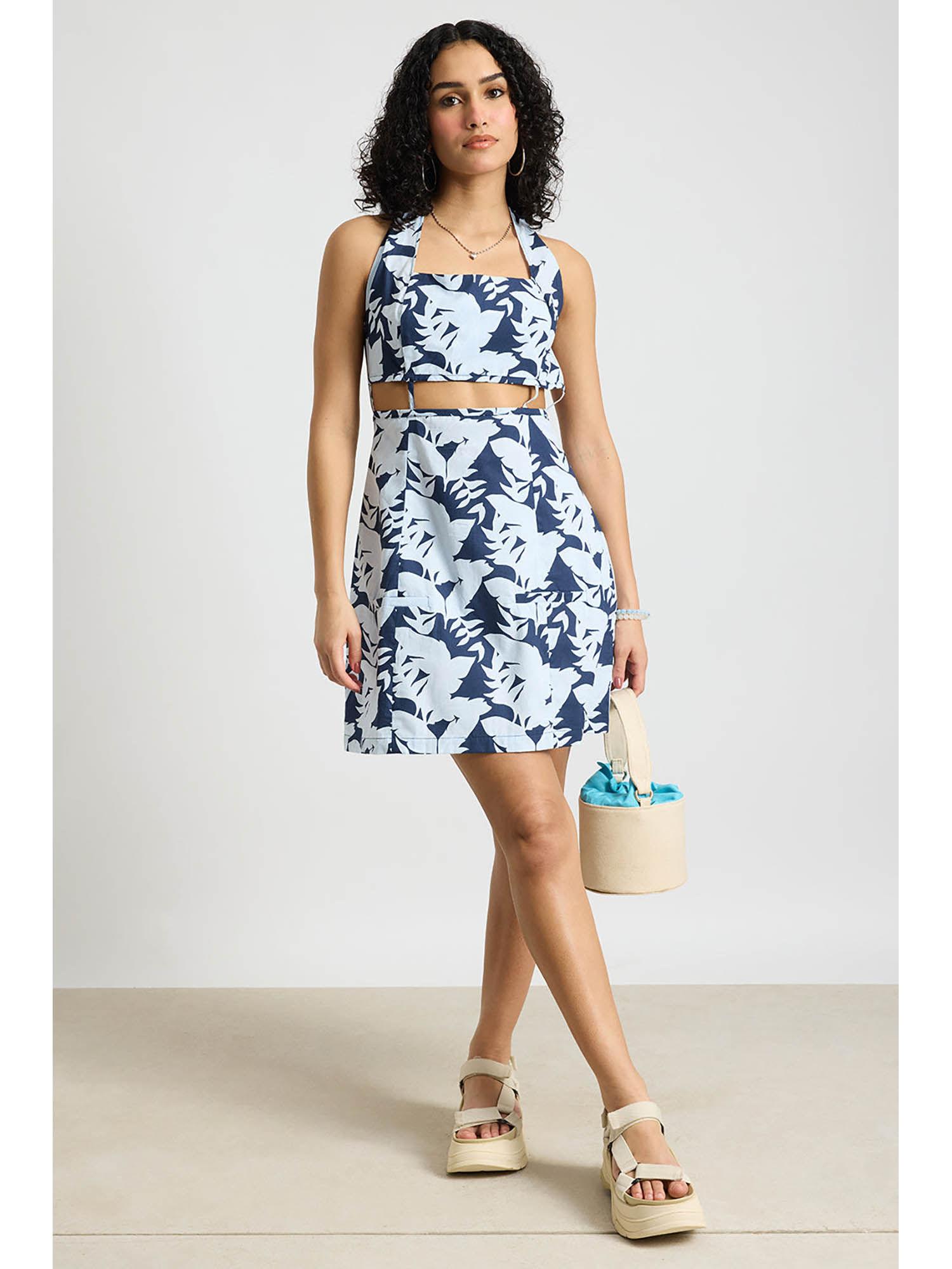 blue botanical printed poplin dress