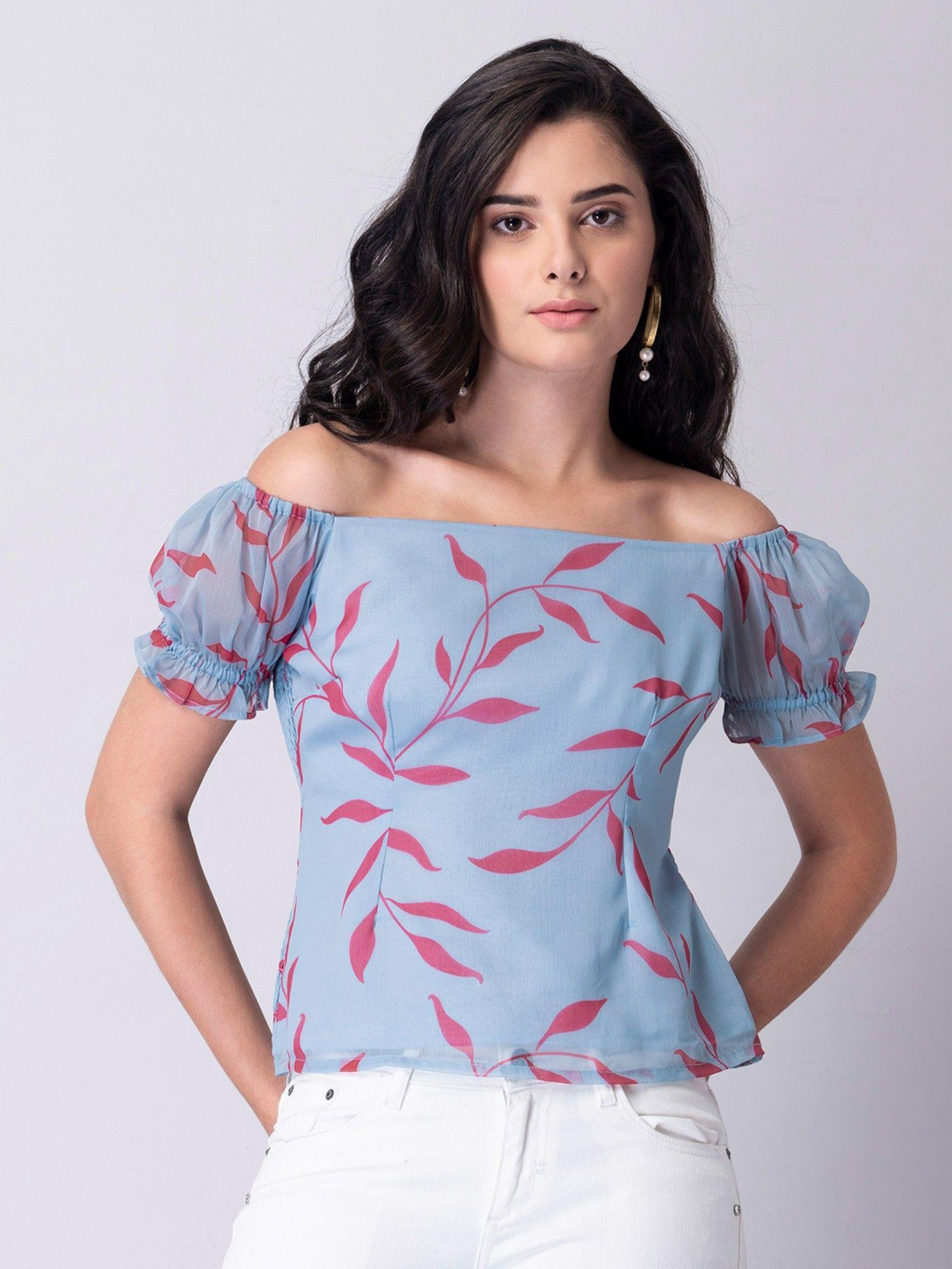 blue botanical smocked off shoulder top