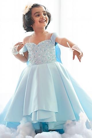 blue bridal satin hand embroidered high-low gown for girls