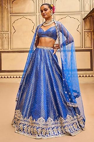 blue brocade & satin thread embroidered lehenga set