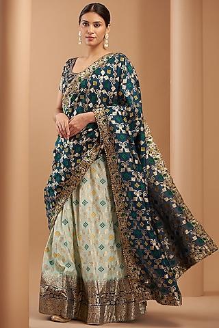 blue brocade embellished banarasi lehenga set