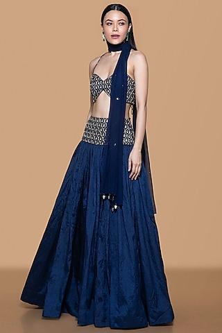 blue brocade hand embroidered lehenga set