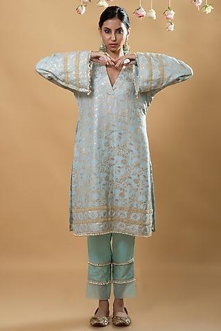 blue brocade kurta set