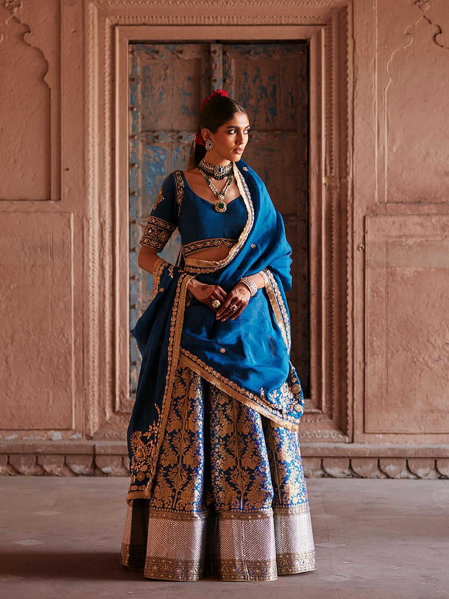 blue brocade lehenga with hand choli and organza dupatta (set of 3)