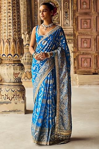 blue brocade thread embroidered pre-draped saree set