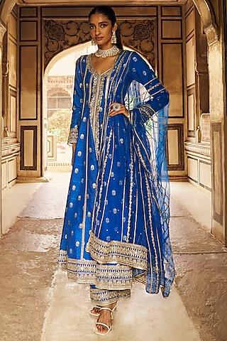 blue brocade zari embroidered anarkali set