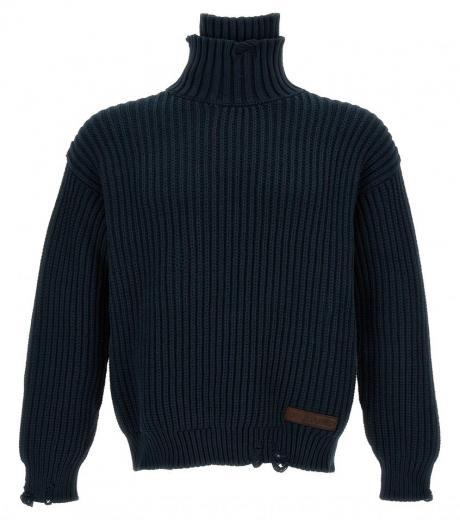 blue broken stitch double collar sweater