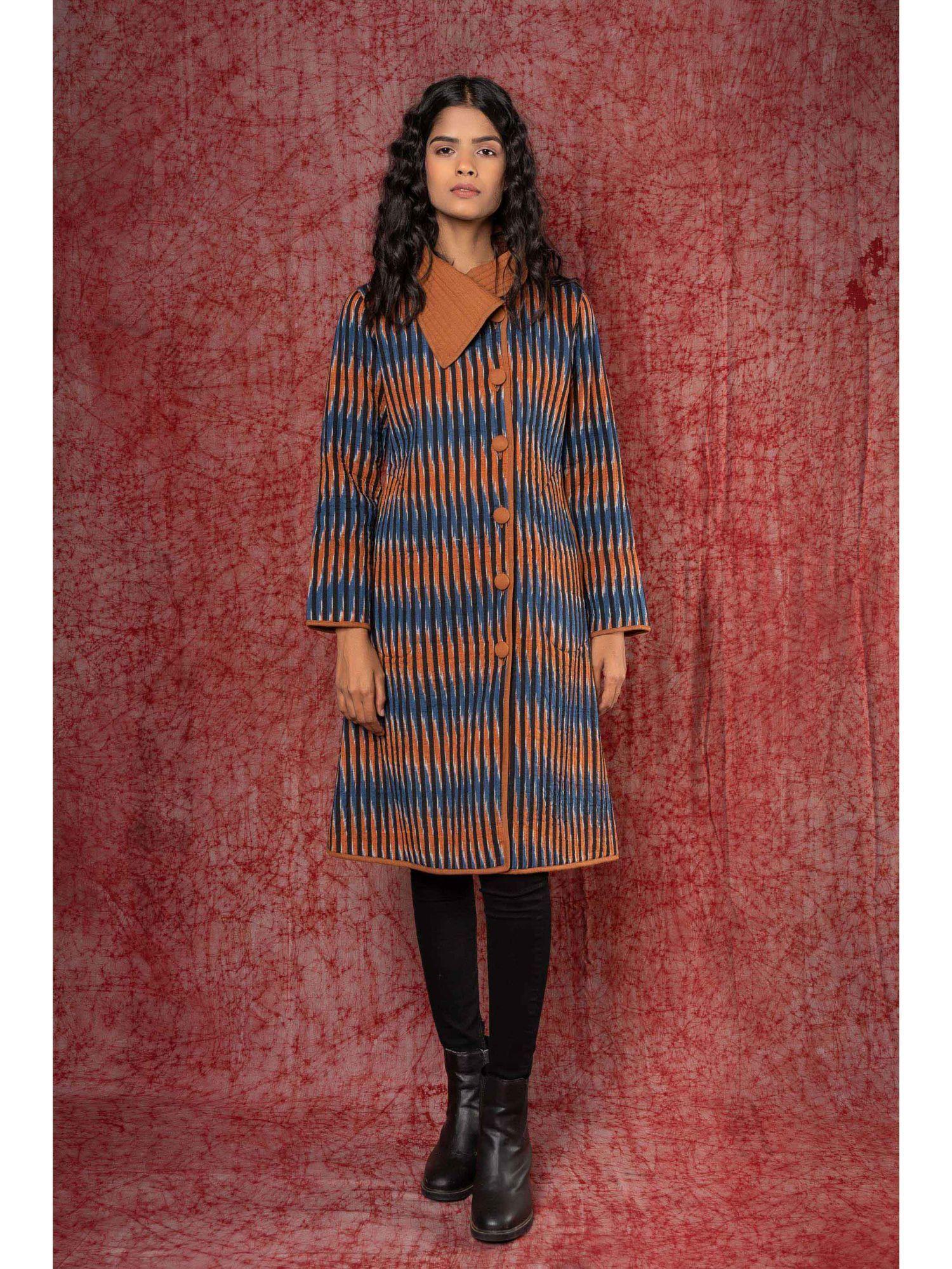 blue brown ikat quilted bukhara coat