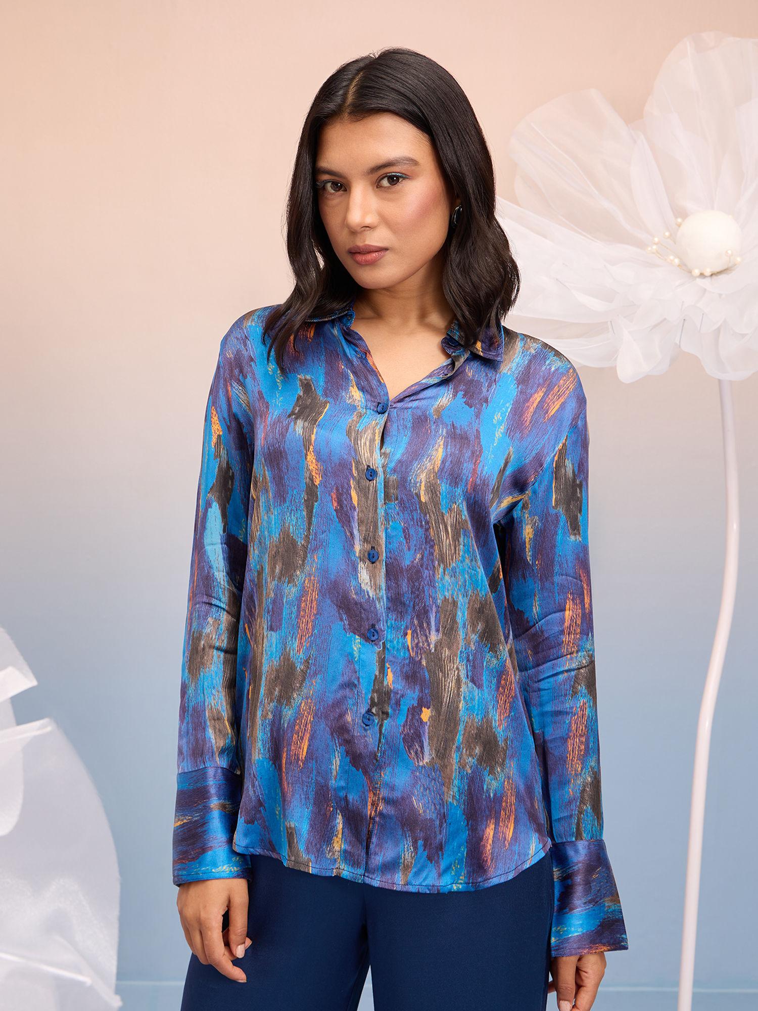 blue brush stroke printed full sleeves satin shirt