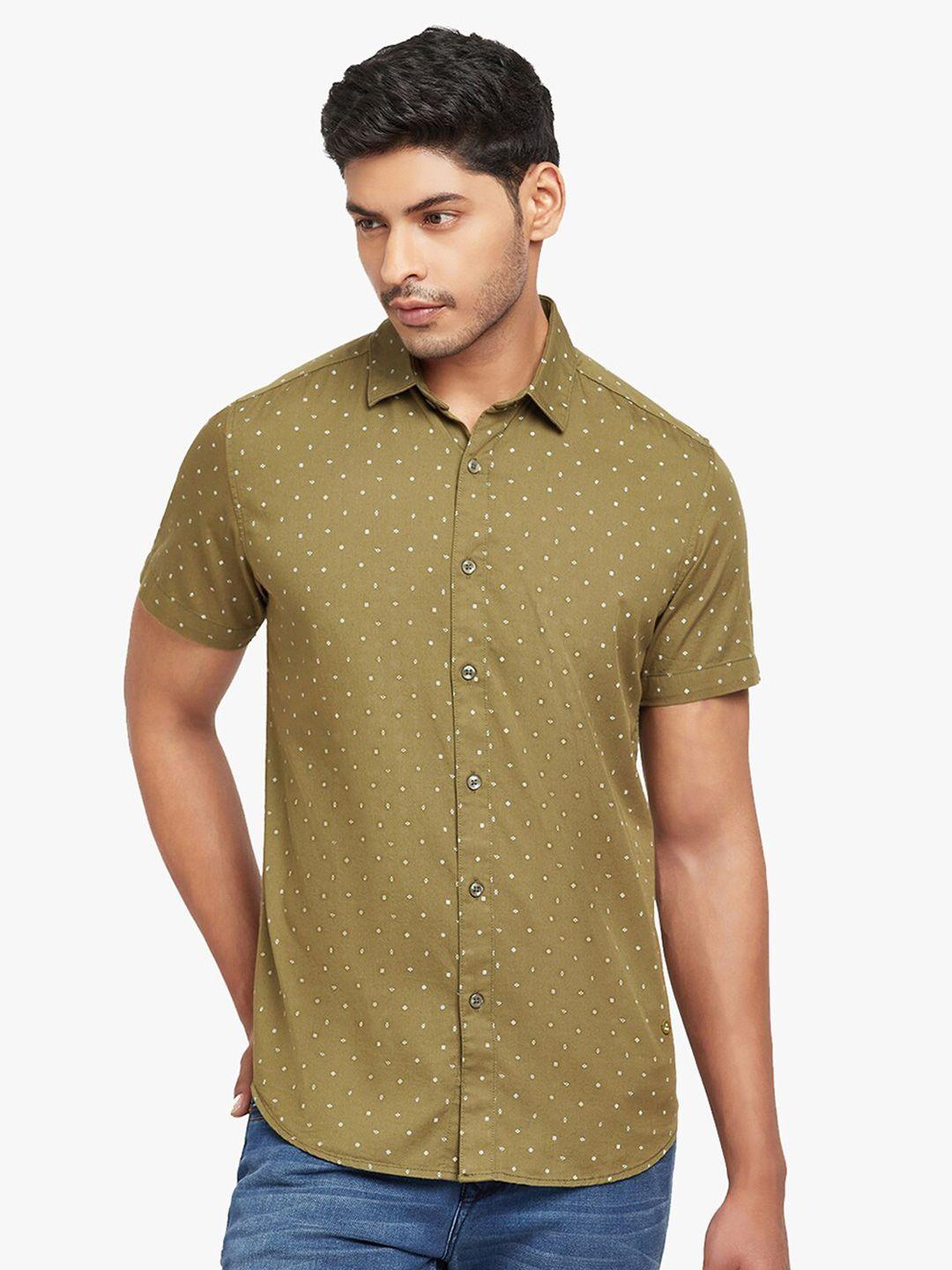 blue buddha men olive green printed casual shirt