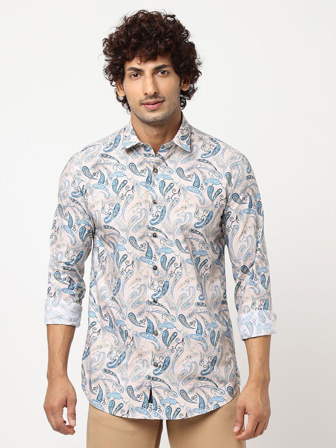 blue buddha spread collar ethnic motifs printed cotton shirt