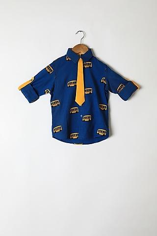blue bus embroidered shirt with tie for boys