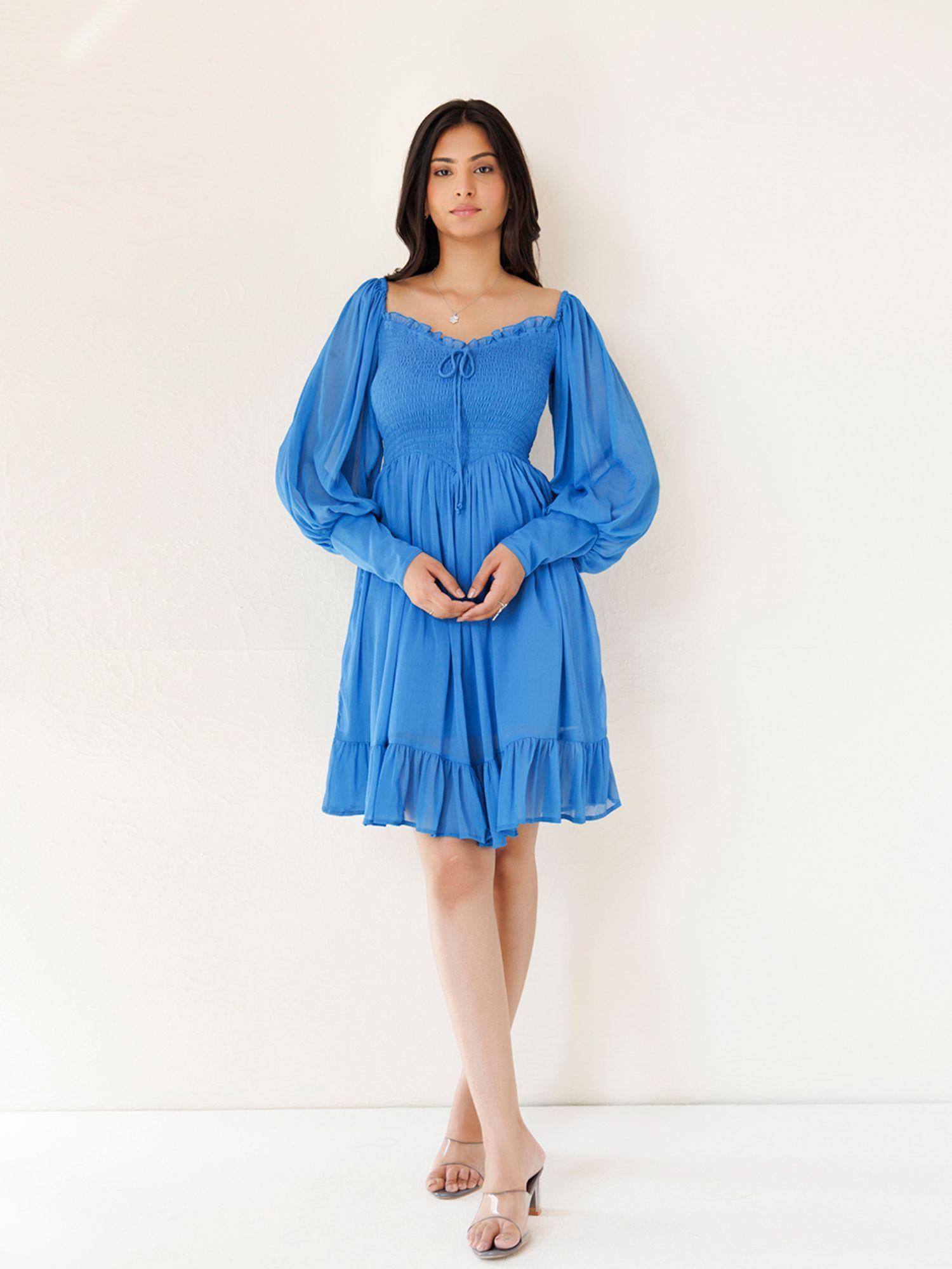 blue butterfly blush chiffon knee length dress