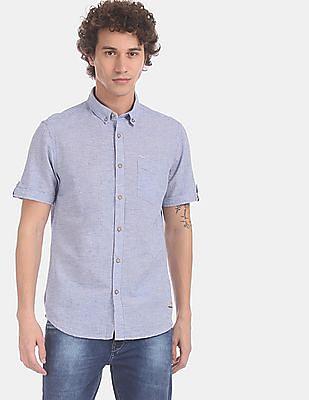 blue button down collar cotton linen casual shirt