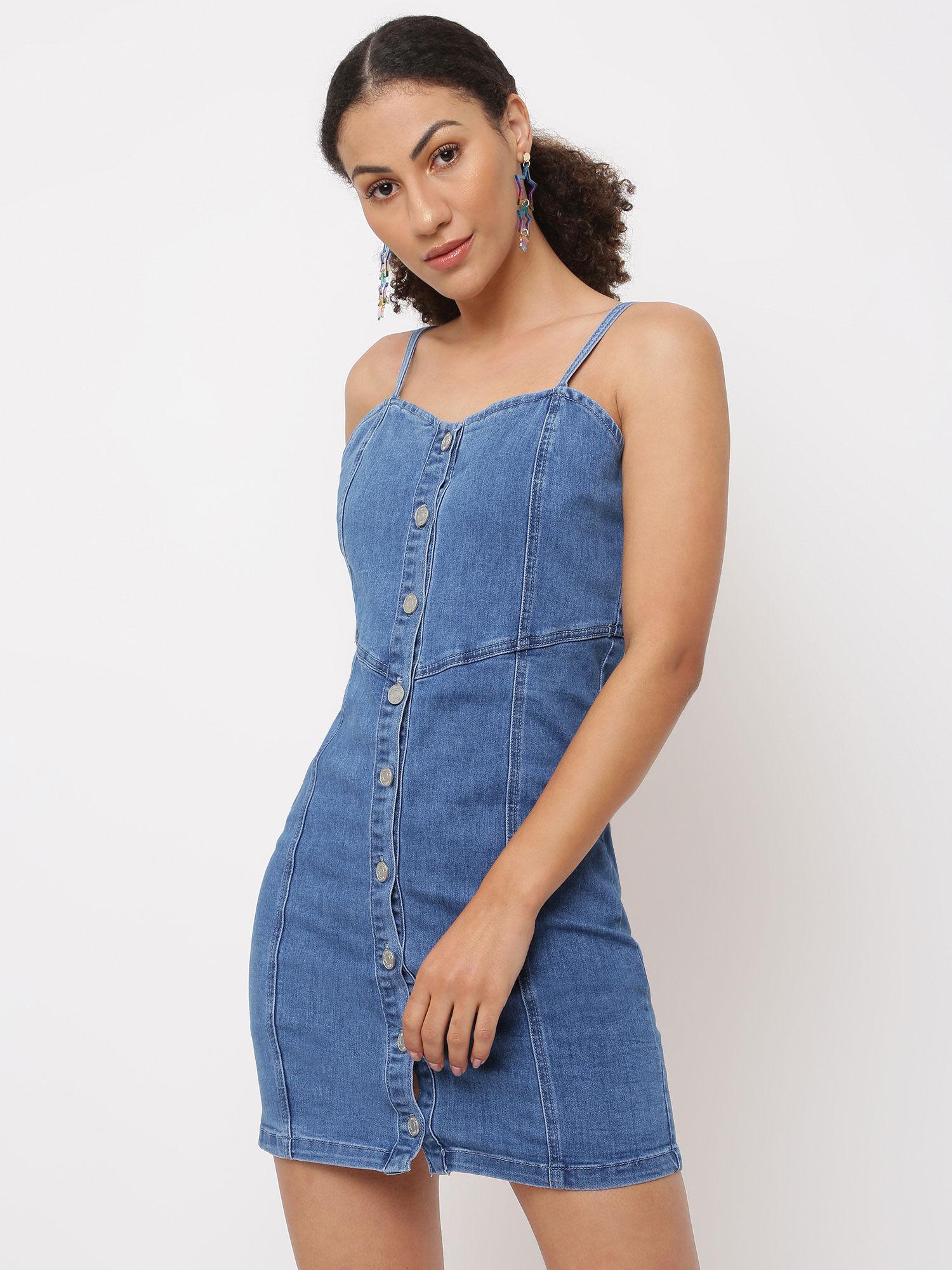 blue button through denim cami mini dress