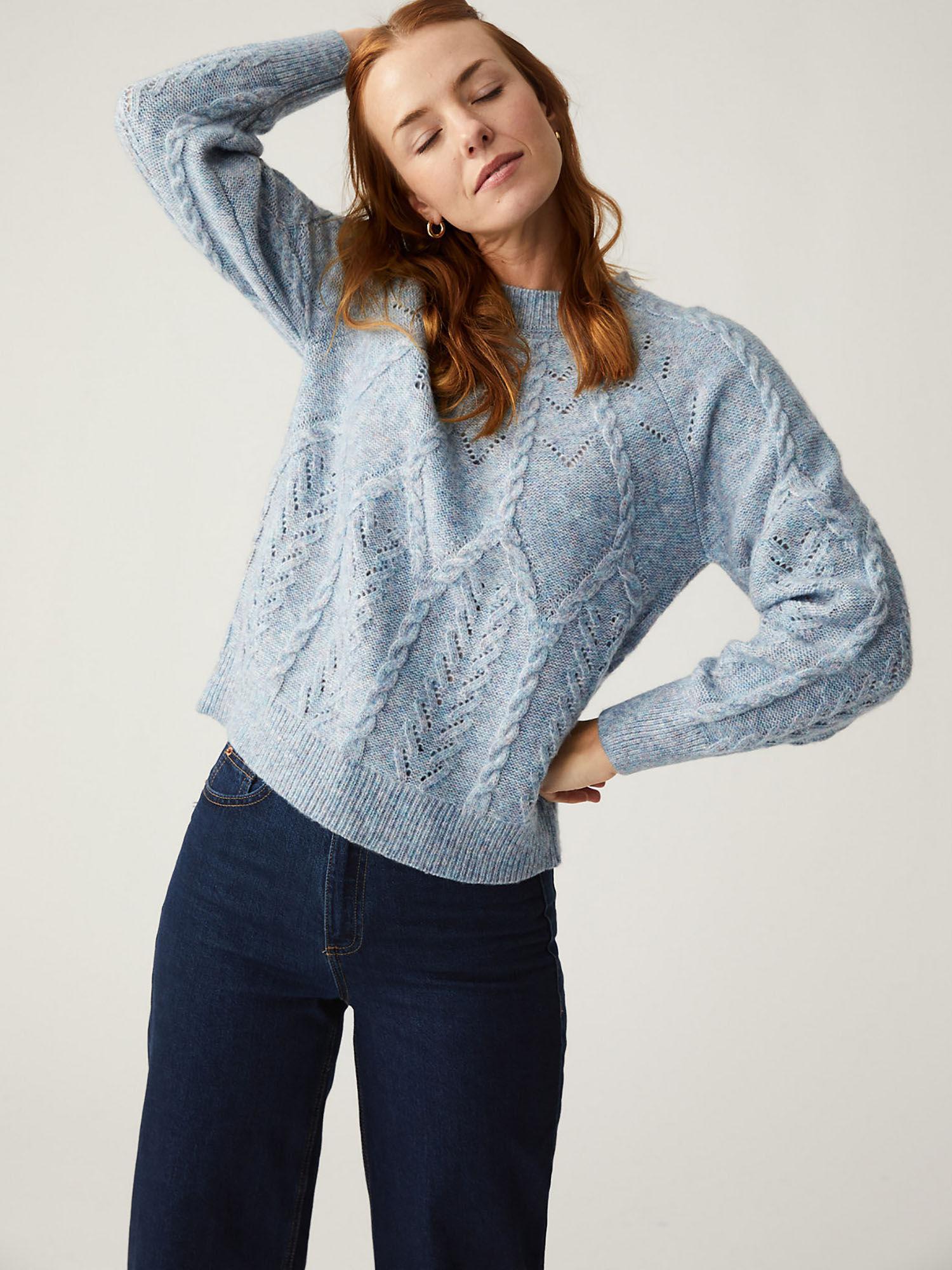 blue cable knit pointelle sweater